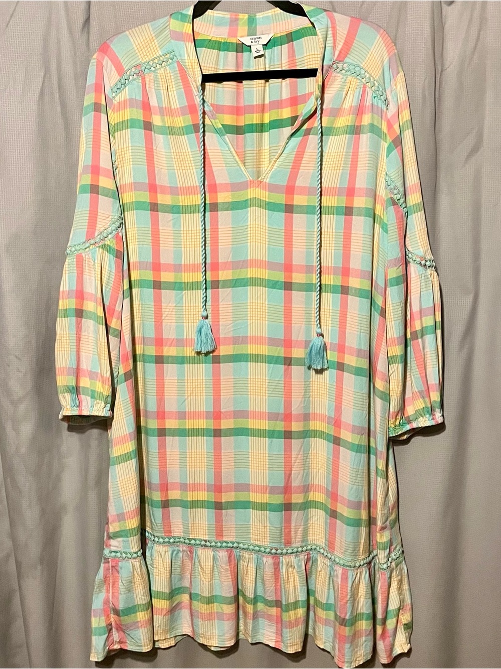 Crown & Ivy Pastel Plaid Peasant Dress Rayon 3/4 Blouson Sleeve